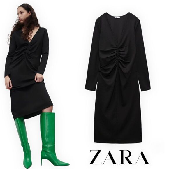 ZARA | Black | GATHERED MIDI DRESS - Picture 1 of 9